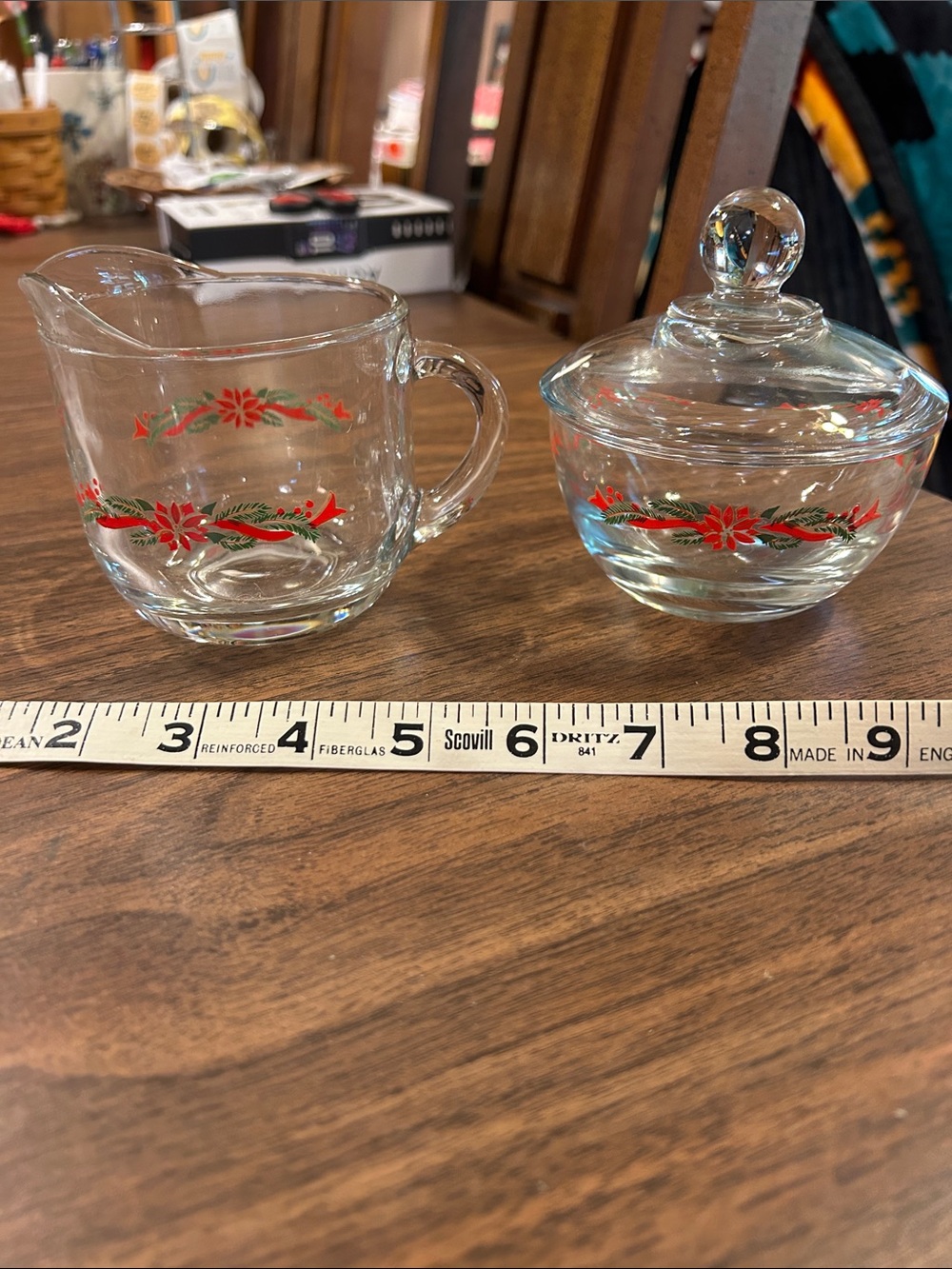 Glass Creamer and Sugar Set with Red Floral Pattern